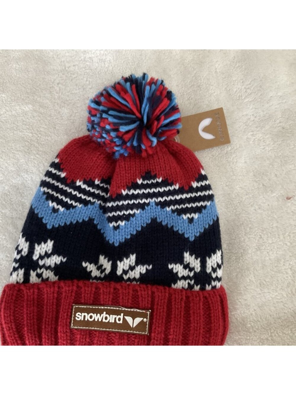 Snowbird Resort Beanie Stocking Cap Adult OS RedKnit Embroidered Acrylic Ski Pom